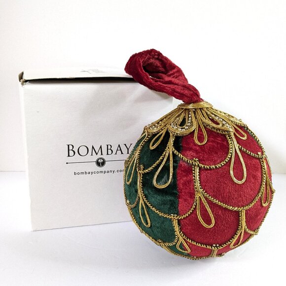 VTG Bombay Co. Christmas Ornament Velvet Red Green Gold Braid Bead Ball - Picture 1 of 10